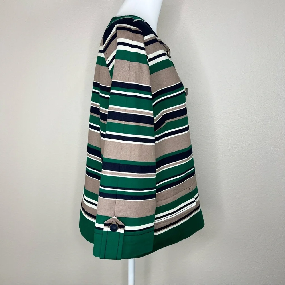 Talbots Navy Blue & Green Striped Cotton Collarless 3/4 Sleeve Blazer Jacket - Picture 9 of 11